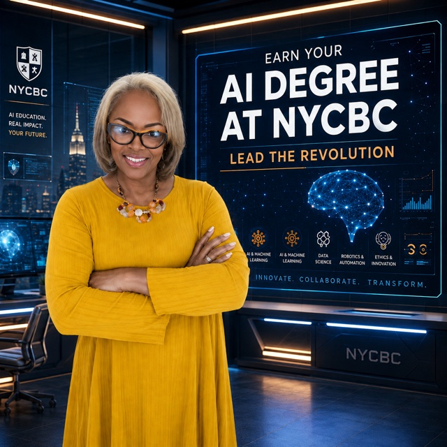 NYCBC AI degree instructor in a technology classroom